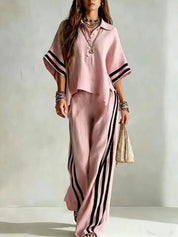 Renata Soleil | Khaki Striped Wide Leg Two-Piece Set For Women