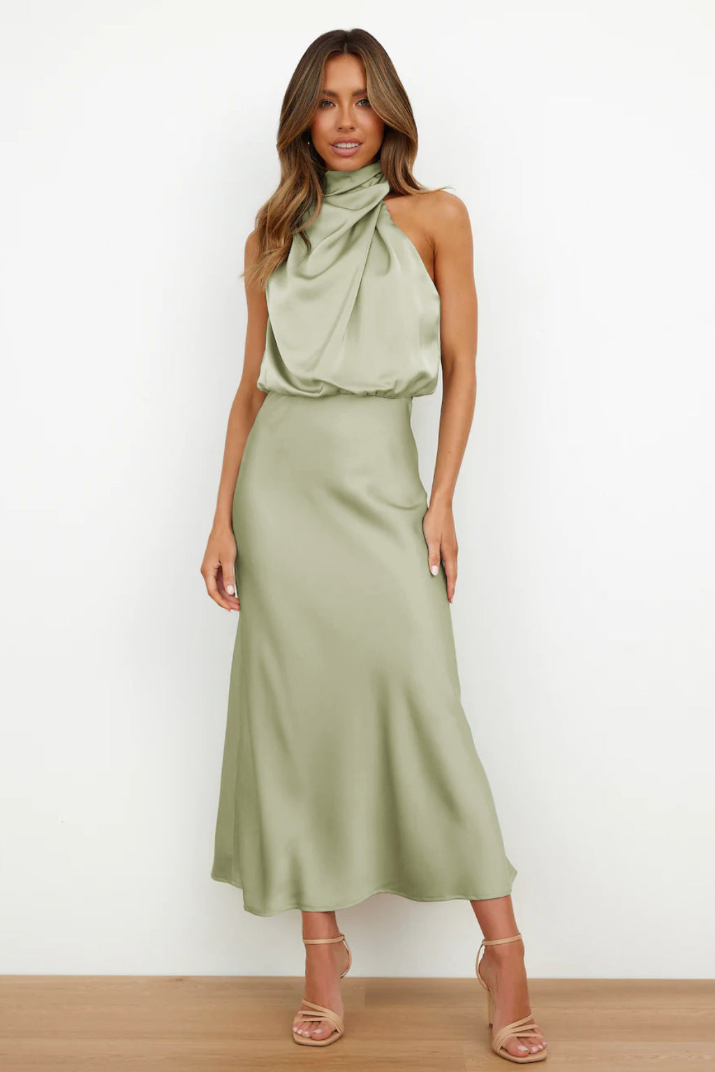Seraffina Wolvecourt | Sage Green Satin Halter Midi Dress