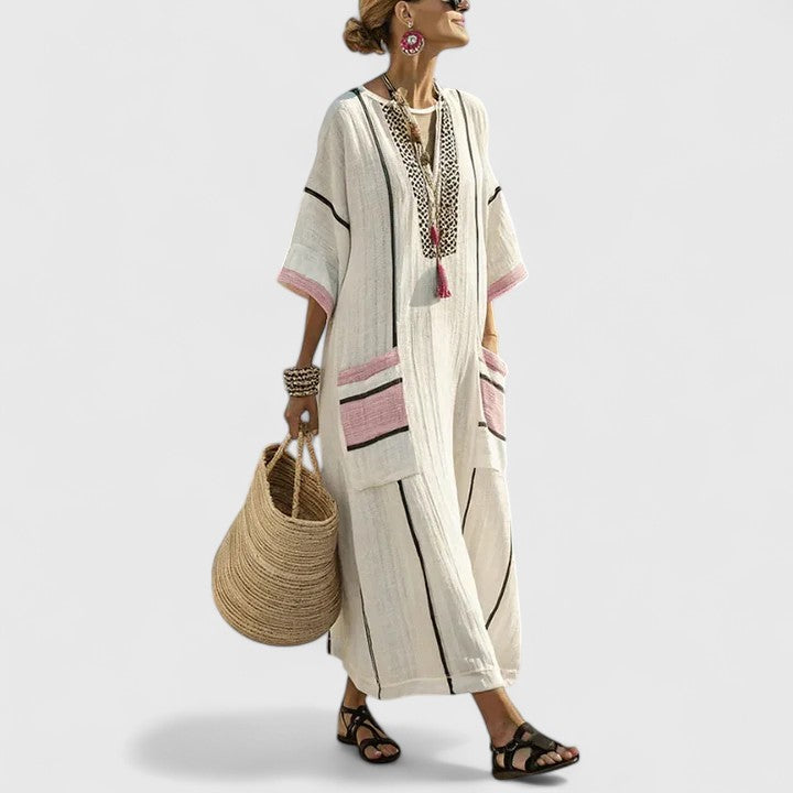 Fleurdelise Montague | V-Neck Striped Linen Maxi Dress with Pockets
