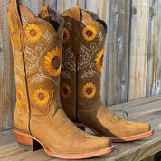 Sunny Delacroix | Sunflower Embroidered Cowboy Knee-High Boots For Women