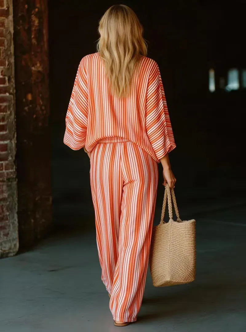 Natalie Rousseau | Striped V-Neck Two-Piece Matching Set For Women