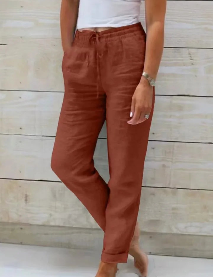 Seraphina Wentford | Beige Linen Drawstring Jogger Pants with Elastic Ankle Cuffs