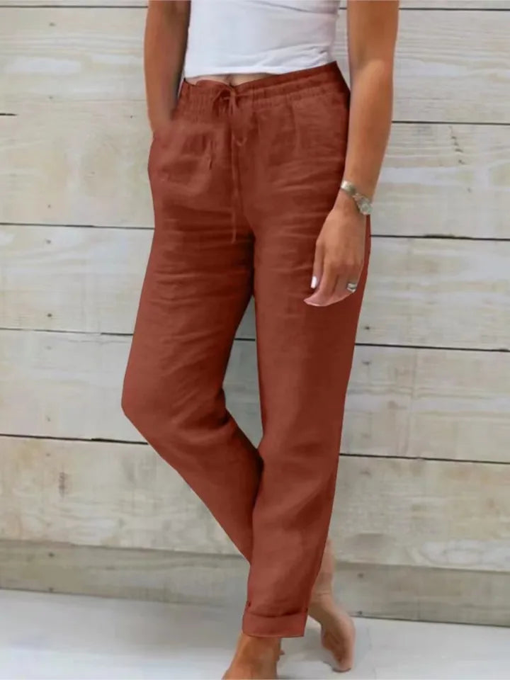 Seraphina Wentford | Beige Linen Drawstring Jogger Pants with Elastic Ankle Cuffs