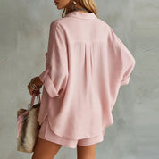 Rosalie Fontaine | Pink Linen Two-Piece Shirt & Shorts Matching Set For Women