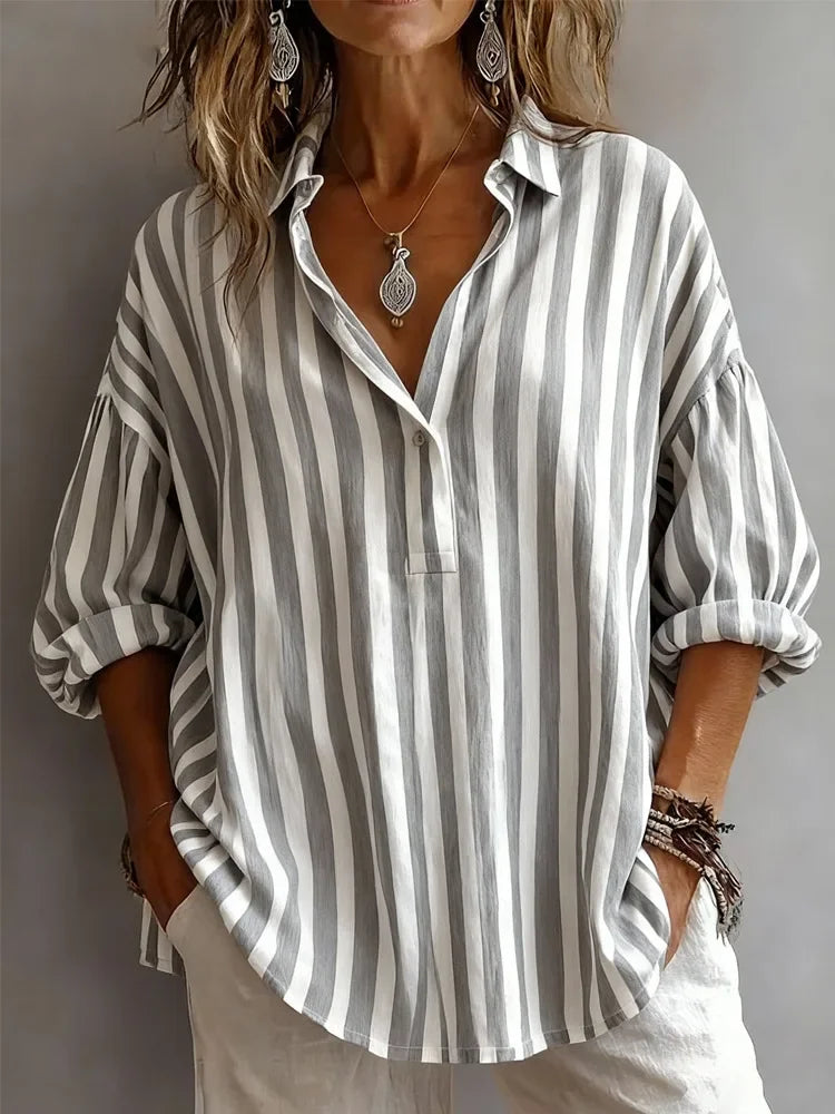 Savannah Clark | Pink Striped V-Neck Blouse with Rolled Long Sleeves