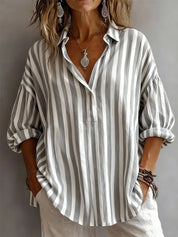 Savannah Clark | Pink Striped V-Neck Blouse with Rolled Long Sleeves