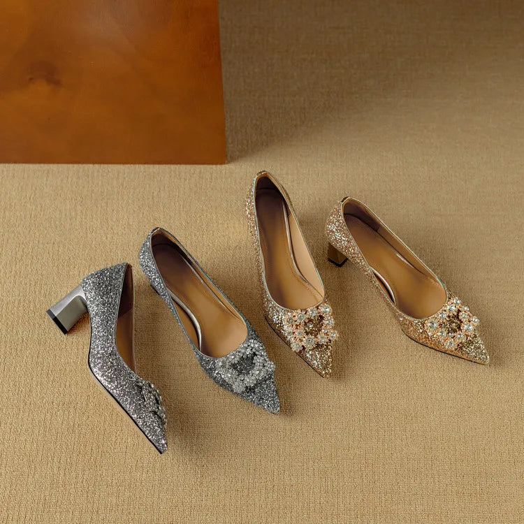 Clarisse Valenthorpe | Gold Glitter Block Heel Pumps with Crystal Buckle