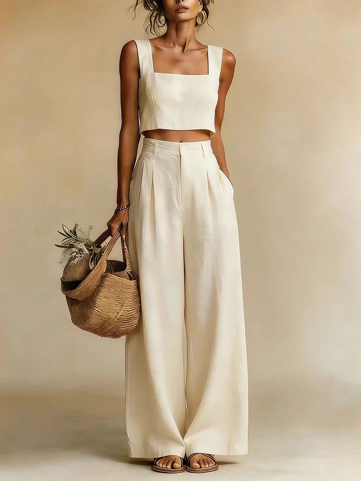 Harper Evans | Yellow Linen Crop Top & Wide Leg Palazzo Pants Set