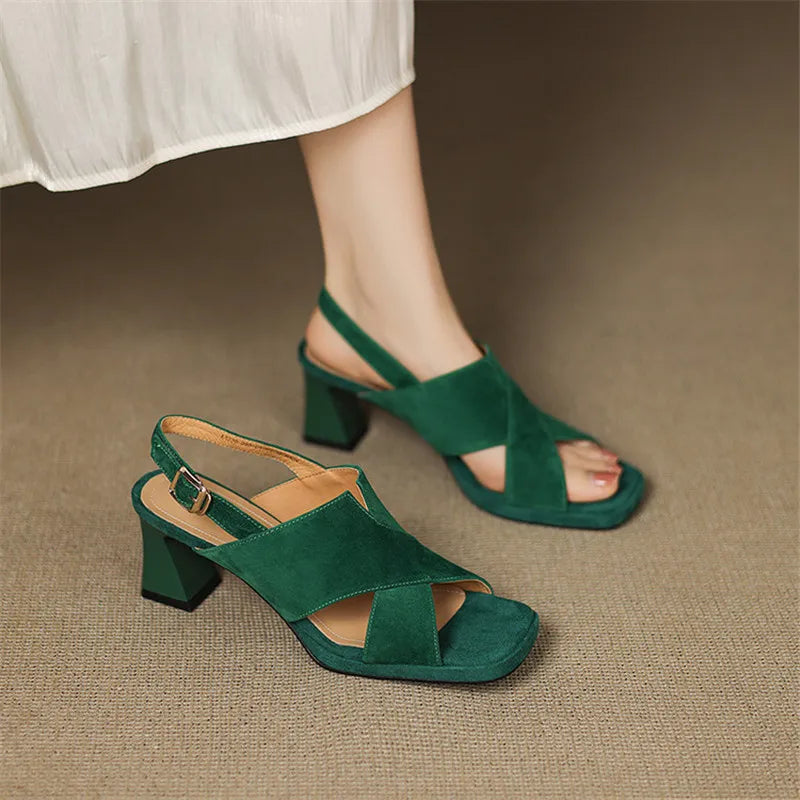 Elspeth Cavendish | Suede Cross-Strap Block Heel Sandals