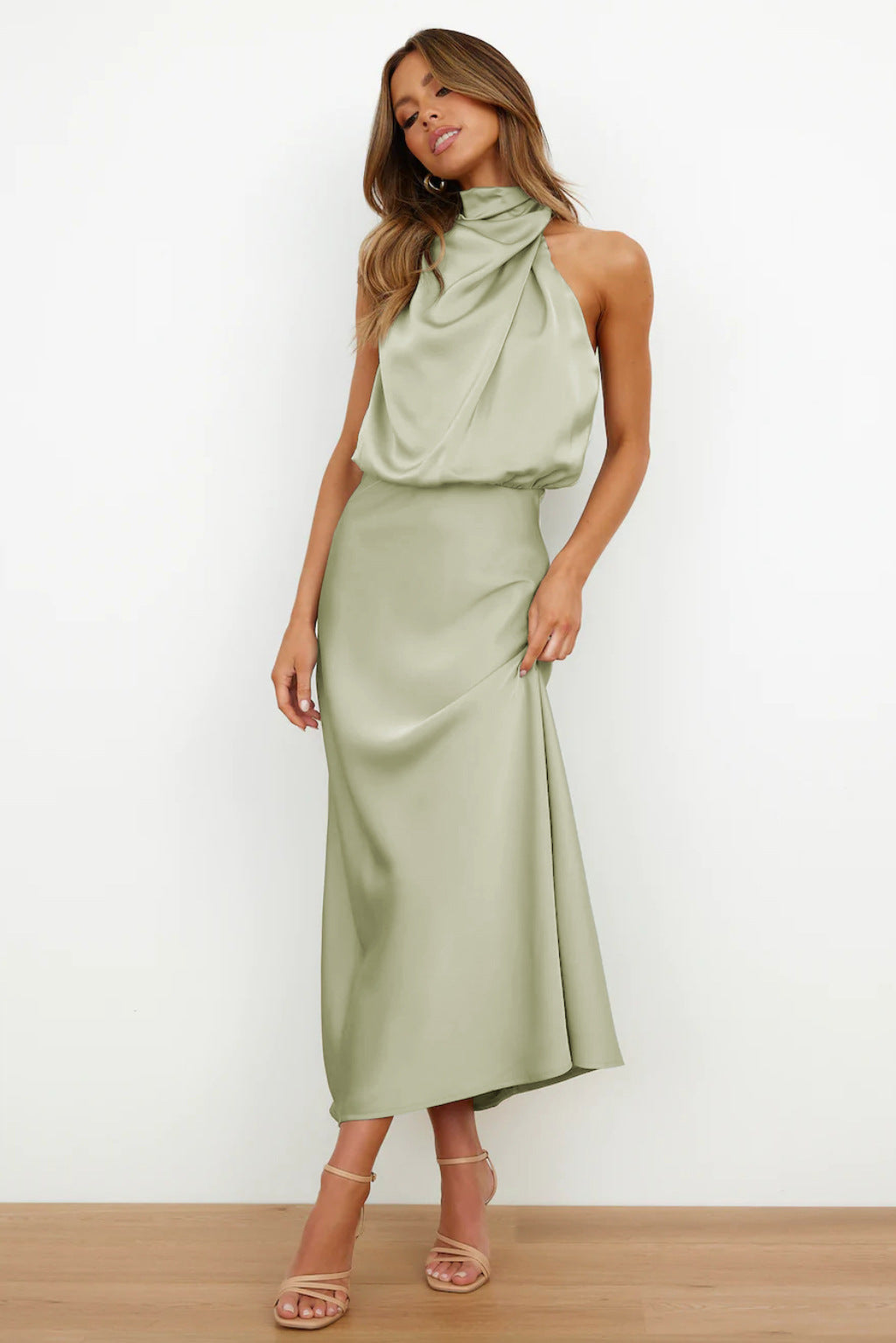 Seraffina Wolvecourt | Sage Green Satin Halter Midi Dress