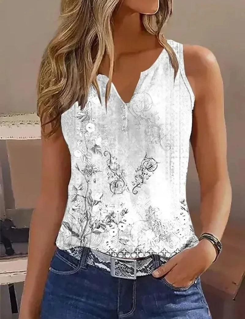 Evelyn Turner | Floral Print V-Neck Sleeveless Tank Top For Women