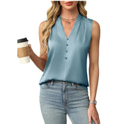 Zoey Anderson | Sleeveless Satin V-Neck Blouse in Camel