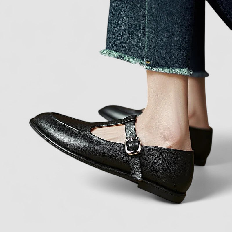 Marguerite Colville | Black Orthopedic T-Strap Low Heel Flat