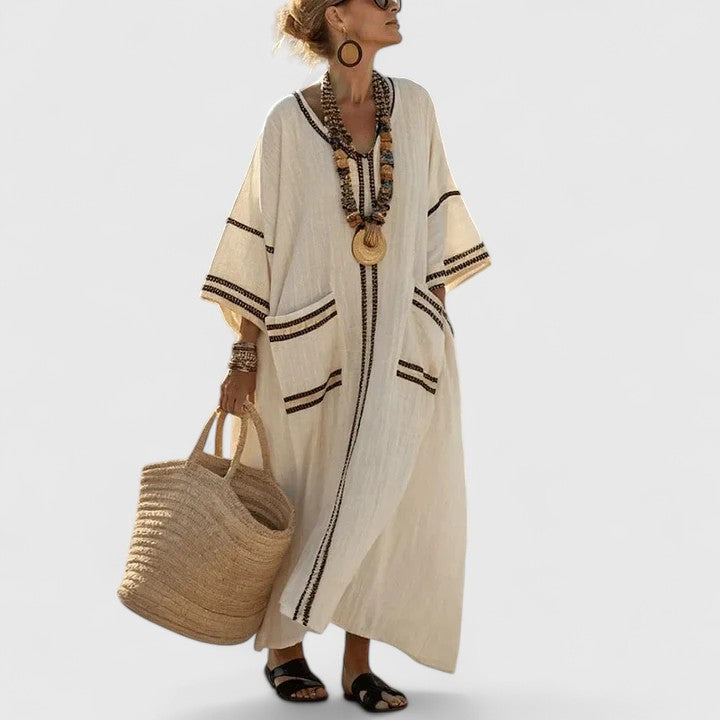 Fleurdelise Montague | V-Neck Striped Linen Maxi Dress with Pockets