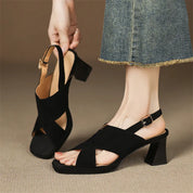 Elspeth Cavendish | Suede Cross-Strap Block Heel Sandals