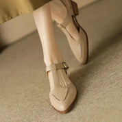 Félicienne Hartmore | T-Strap Buckle Flat in Tan Leather