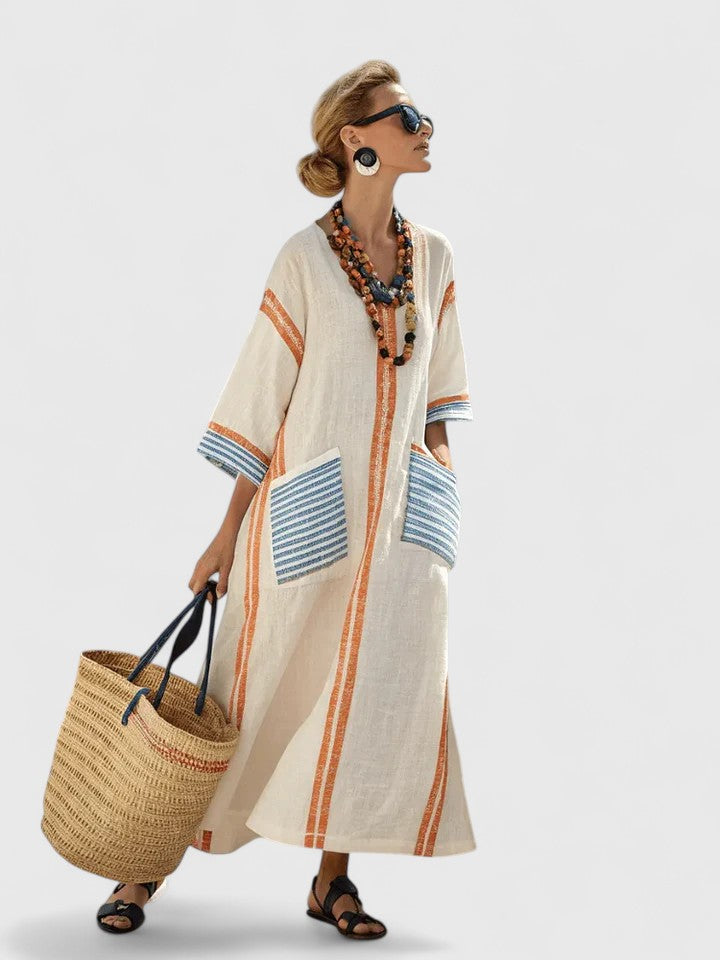 Coralie Deschambault | V-Neck Kaftan Maxi Dress with Stripe Detail