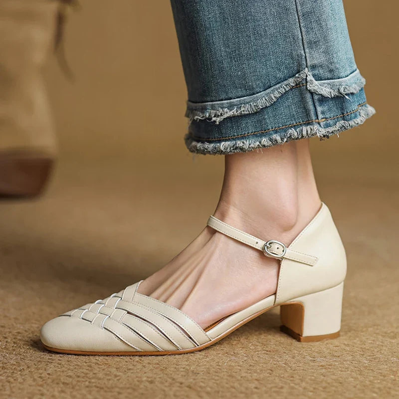Emmanuelle Davoust | Woven Genuine Leather Block Heel Pumps