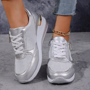 Elara Vanthorpe | Silver Metallic Platform Sneakers with Side Zipper