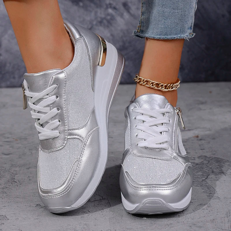 Elara Vanthorpe | Silver Metallic Platform Sneakers with Side Zipper