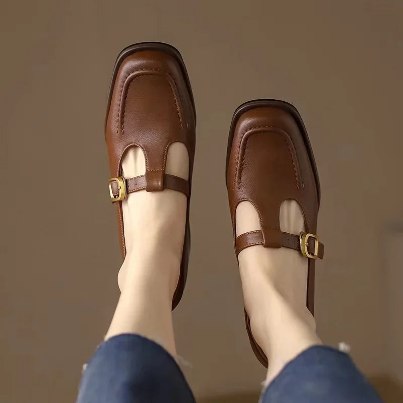 Sylvana Beaumont | Women's T-Strap Mary Jane Shoes Square Toe Low Block Heel