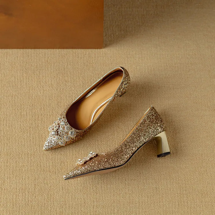 Clarisse Valenthorpe | Gold Glitter Block Heel Pumps with Crystal Buckle