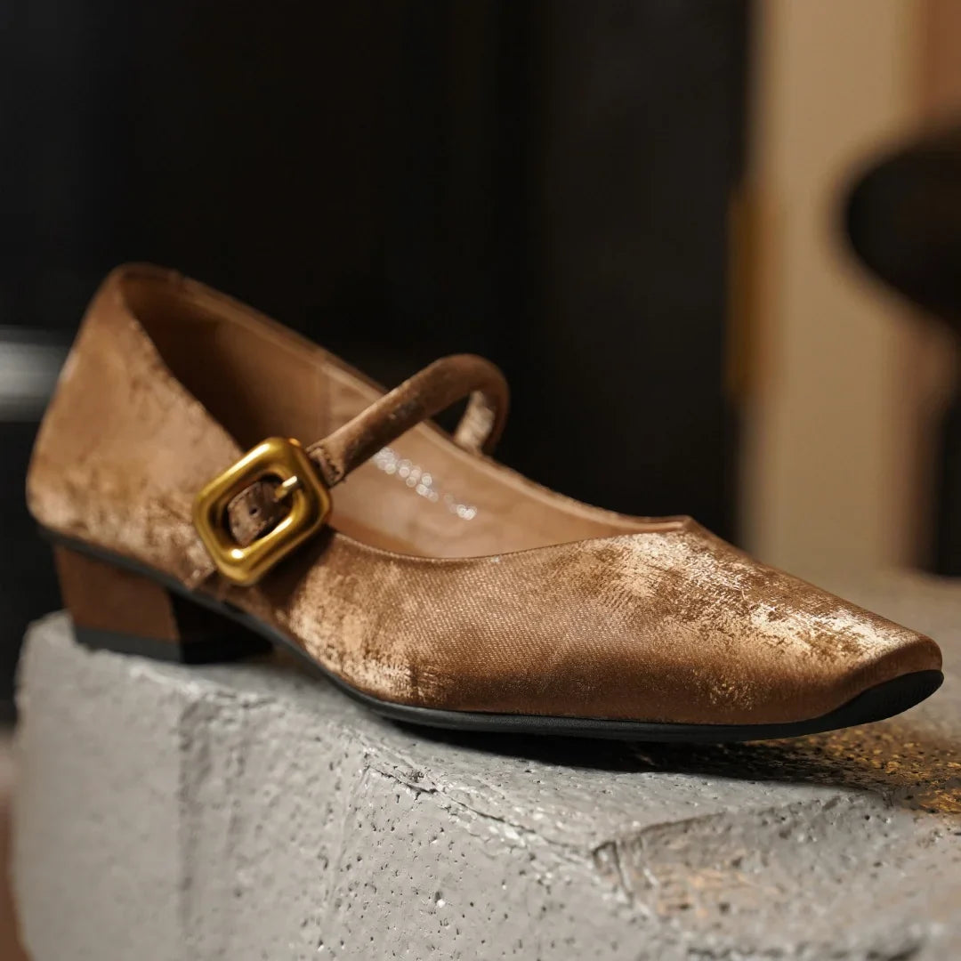 Sylvaine Delcroix | Velvet Mary Jane Heels with Gold Buckle