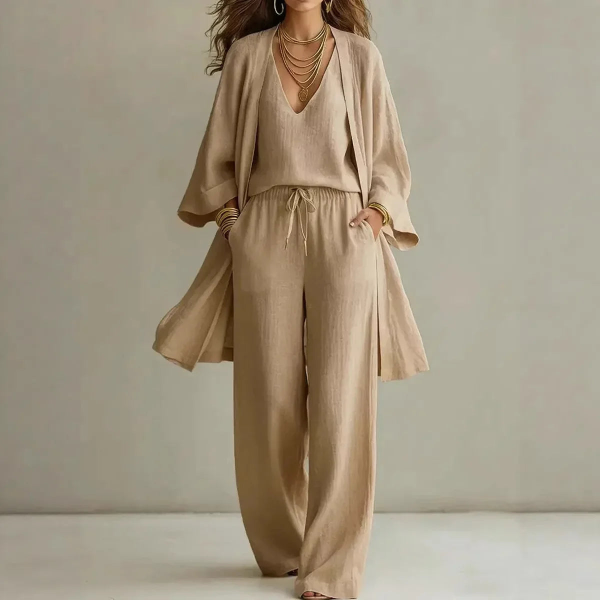 Estelle Fontaine | White Linen 3-Piece Co-ord Lounge Set For Women