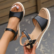 Annalise Devereaux | Beige Platform Wedge Sandals with Ankle Strap