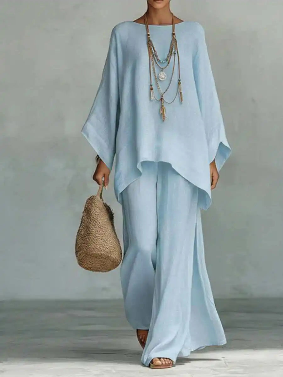 Serenne Calloway | Linen Two-Piece Set with Wide-Leg Pants For Women