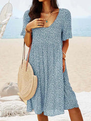 Fleurette Dawnvale | Blue Ditsy Floral V-Neck Smock Midi Dress