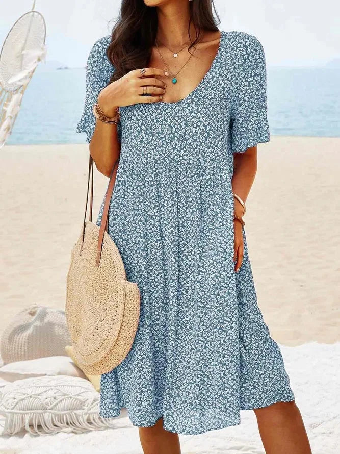 Fleurette Dawnvale | Blue Ditsy Floral V-Neck Smock Midi Dress
