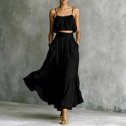 Valentina Greco | Olive Green Flowy Crop Top & Maxi Skirt Set For Women