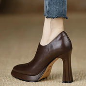 Auriane Blackmoor | Women's Platform Block Heel Pump with Side Zipper in Brown