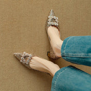 Clarisse Valenthorpe | Gold Glitter Block Heel Pumps with Crystal Buckle