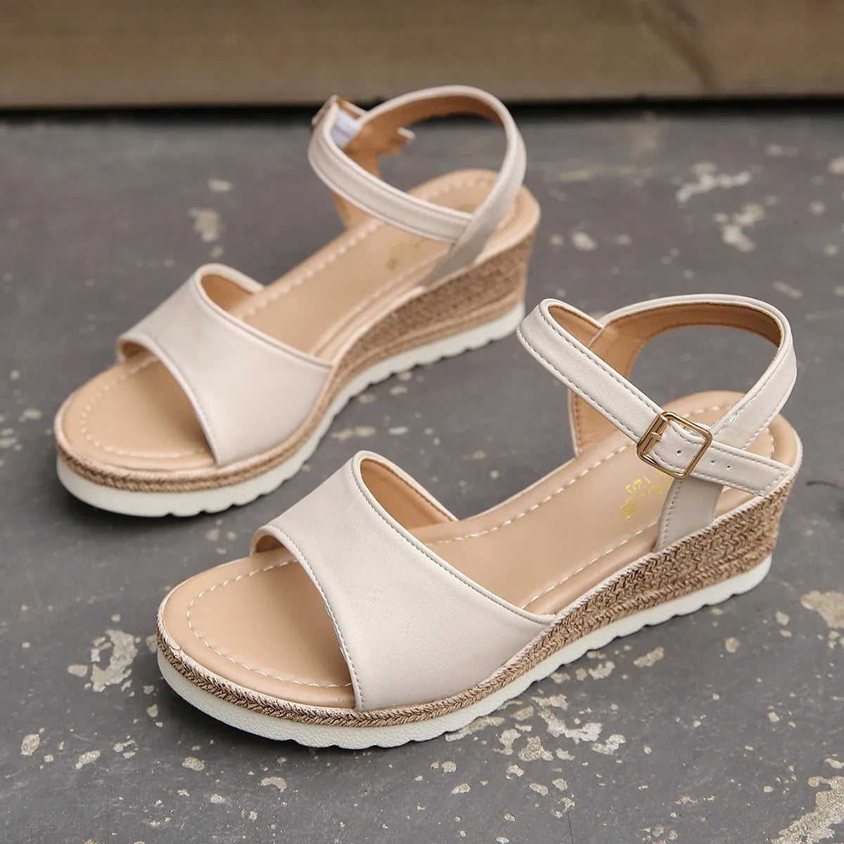 Annalise Devereaux | Beige Platform Wedge Sandals with Ankle Strap