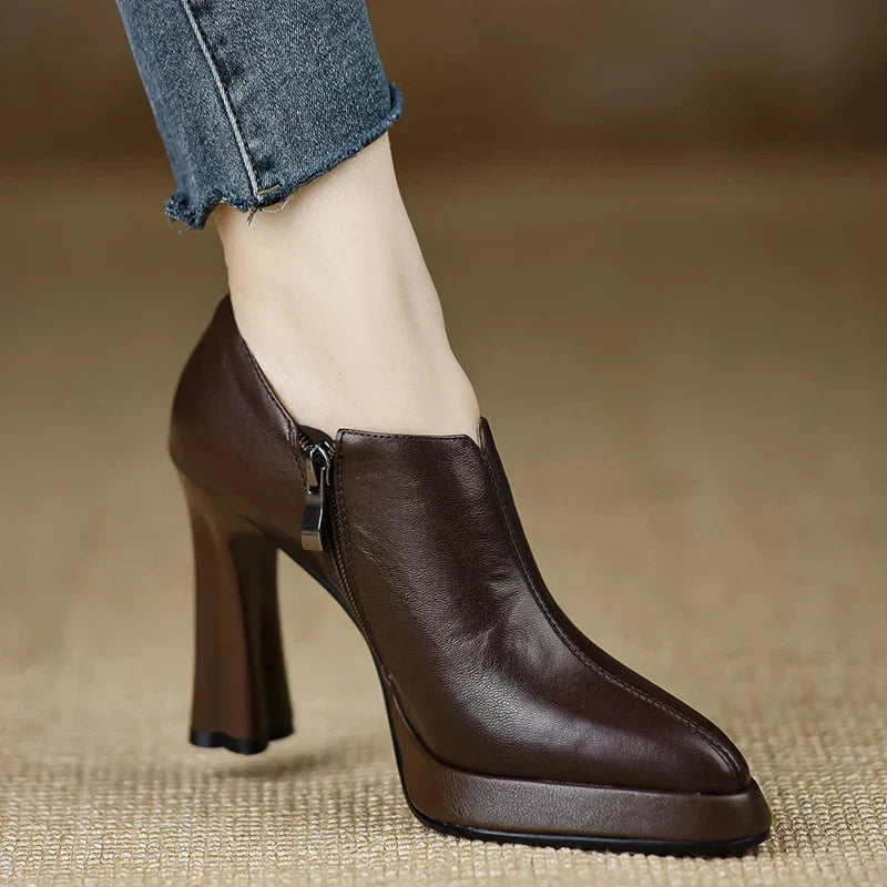 Auriane Blackmoor | Women's Platform Block Heel Pump with Side Zipper in Brown