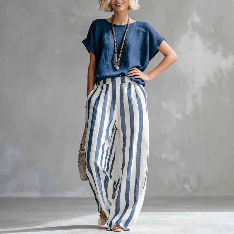 Zoey Walker | Linen Cotton Wide-Leg Striped Two-Piece Set