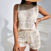 Lucia Ferrano | Crochet Hollow Knit Crop Top & Shorts Two-Piece Set For Women