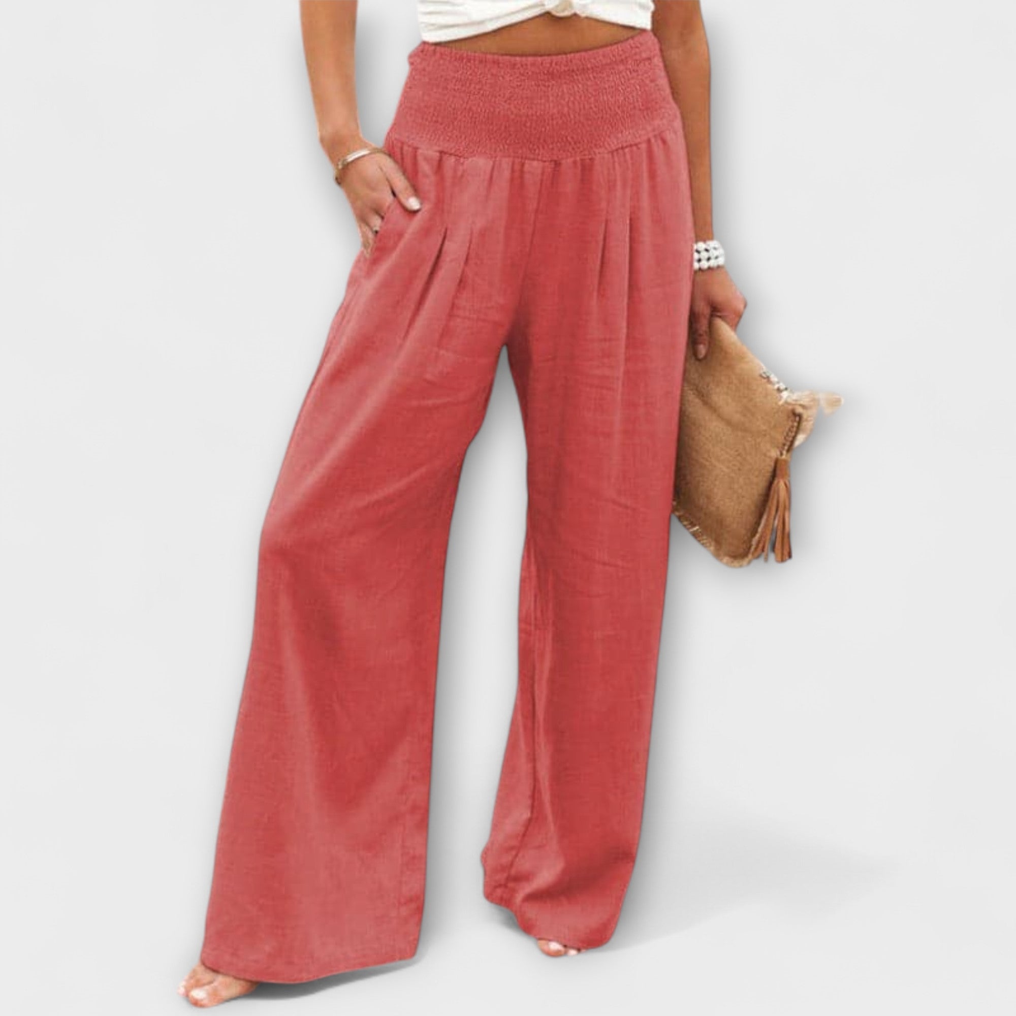 Marguerite Soleil | Coral Wide-Leg Linen Pants with Smocked Waist