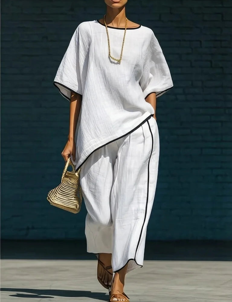 Nora King | Linen Cropped Wide Leg Pant Set in Blue