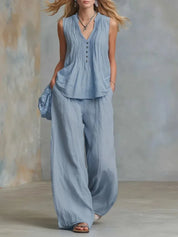 Margot Delacroix | Pleated V-Neck Wide-Leg Two Piece Set For Women