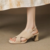 Elspeth Cavendish | Suede Cross-Strap Block Heel Sandals