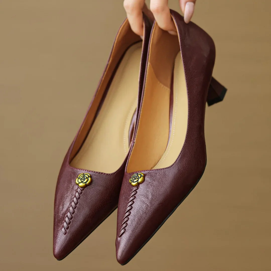 Violette Sanscourt | Burgundy Leather Pointed-Toe Heels with Gold Rose Detail