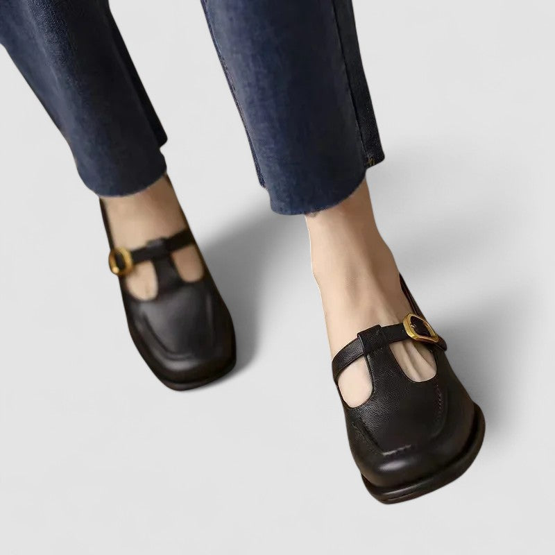 Théodora Valmonte | Orthopedic T-Strap Mary Jane Flats in Brown