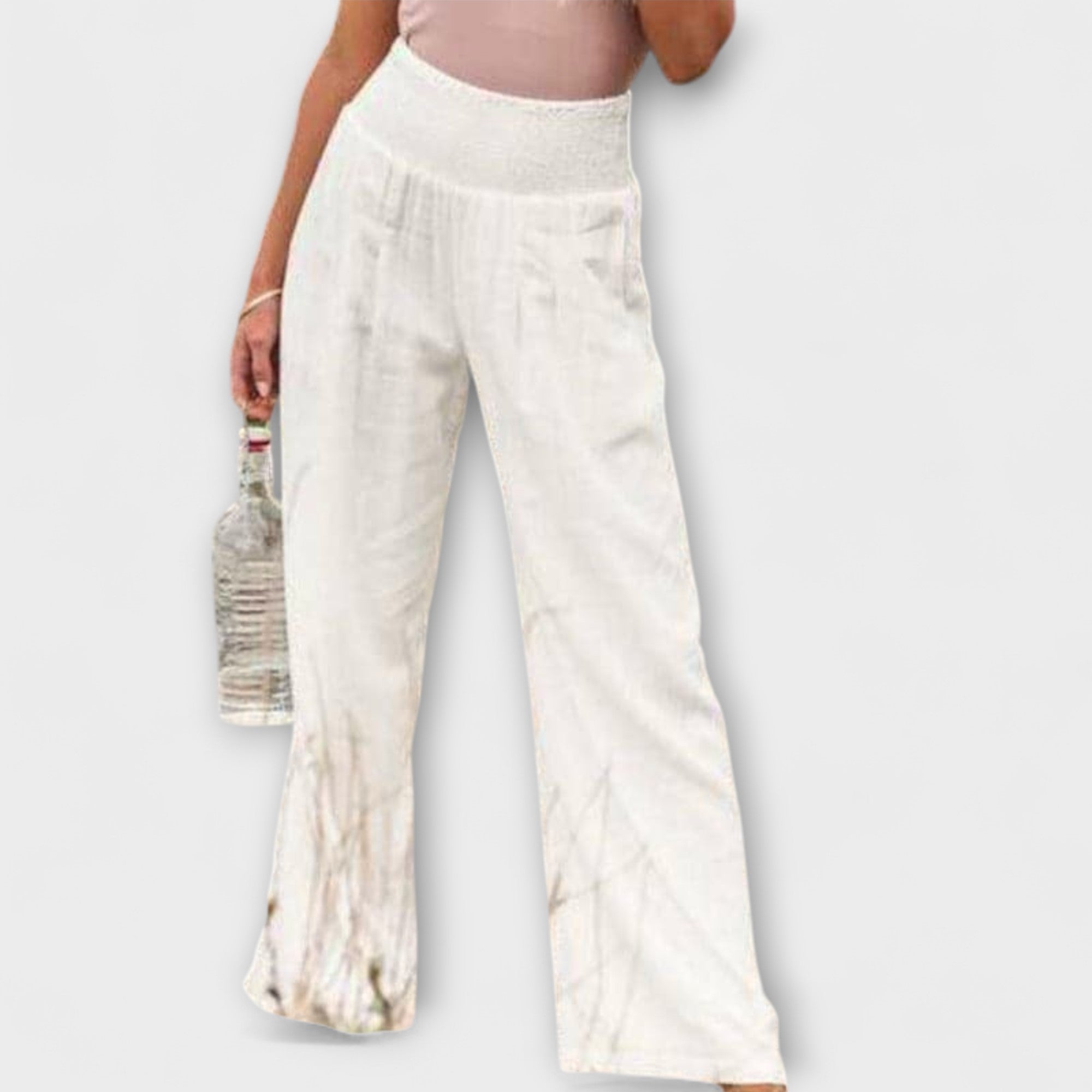 Marguerite Soleil | Coral Wide-Leg Linen Pants with Smocked Waist