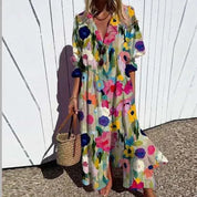 Thessaly Beaumont | Colorful Floral Maxi Dress with V-Neck