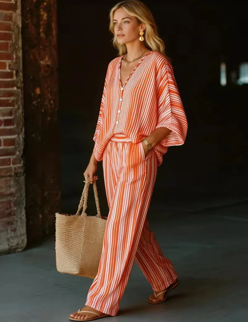 Natalie Rousseau | Striped V-Neck Two-Piece Matching Set For Women