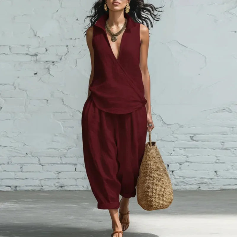 Noelle Fontana | Sleeveless Linen Two-Piece Matching Set For Women in Yellow