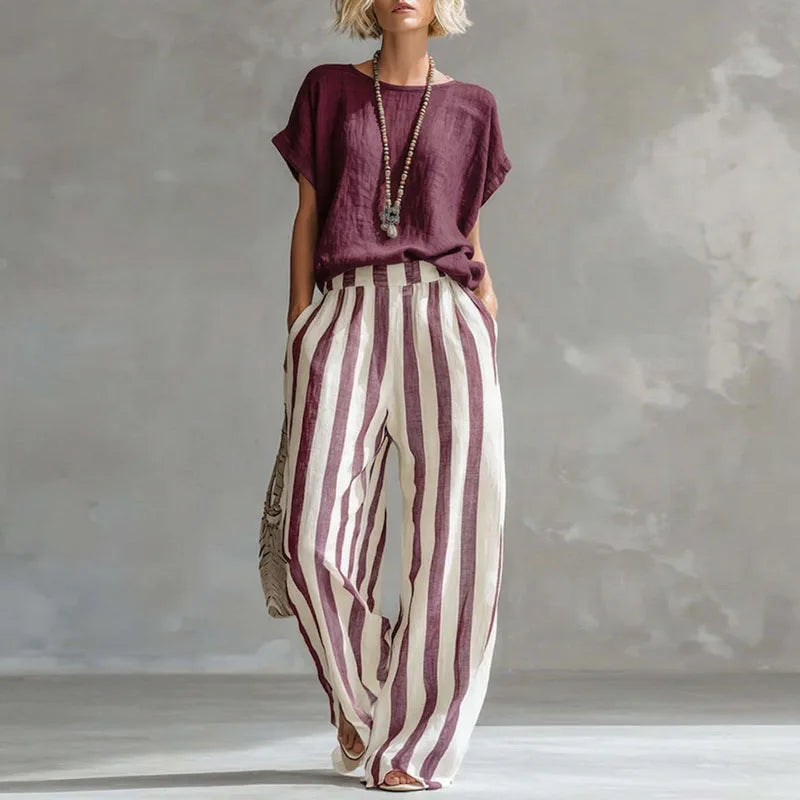 Zoey Walker | Linen Cotton Wide-Leg Striped Two-Piece Set